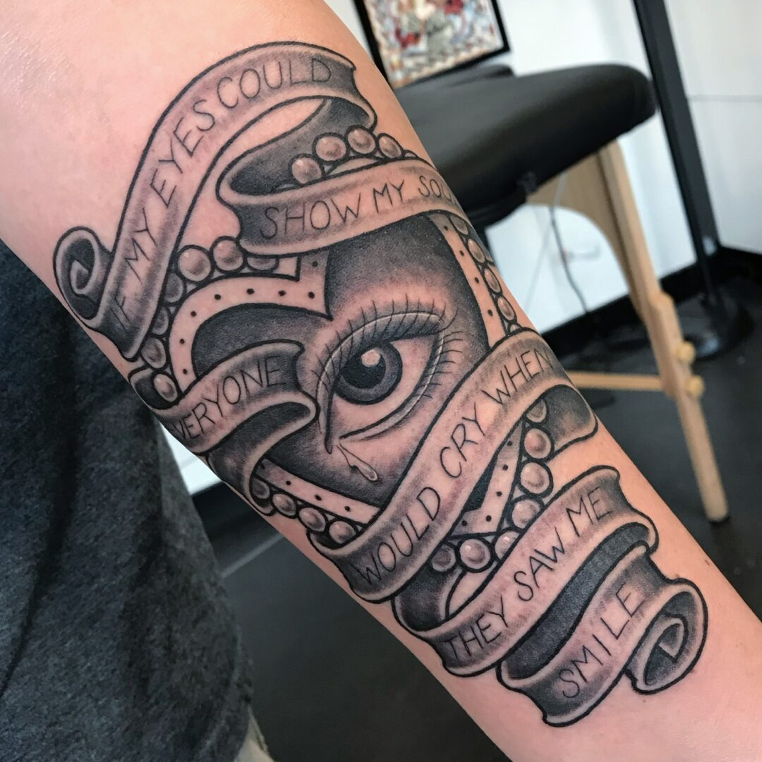 A tattoo of an eye and the words 