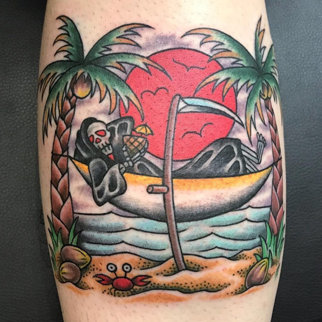 A tattoo of a monkey sitting on a boat