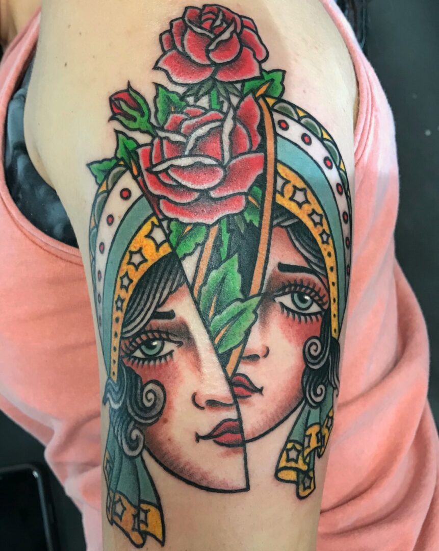 A woman with a rose in her arm
