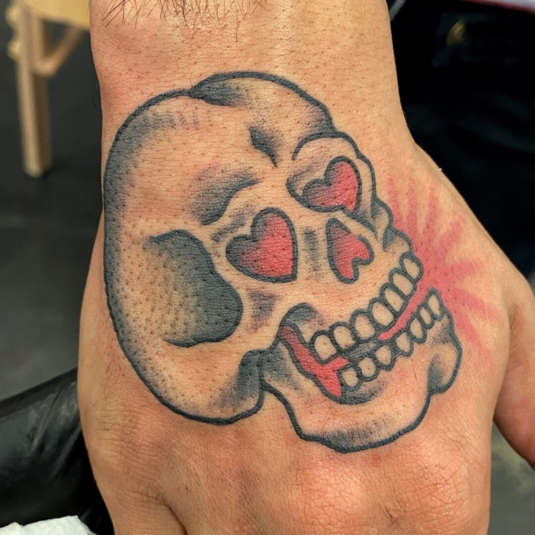 A hand with a skull tattoo on it
